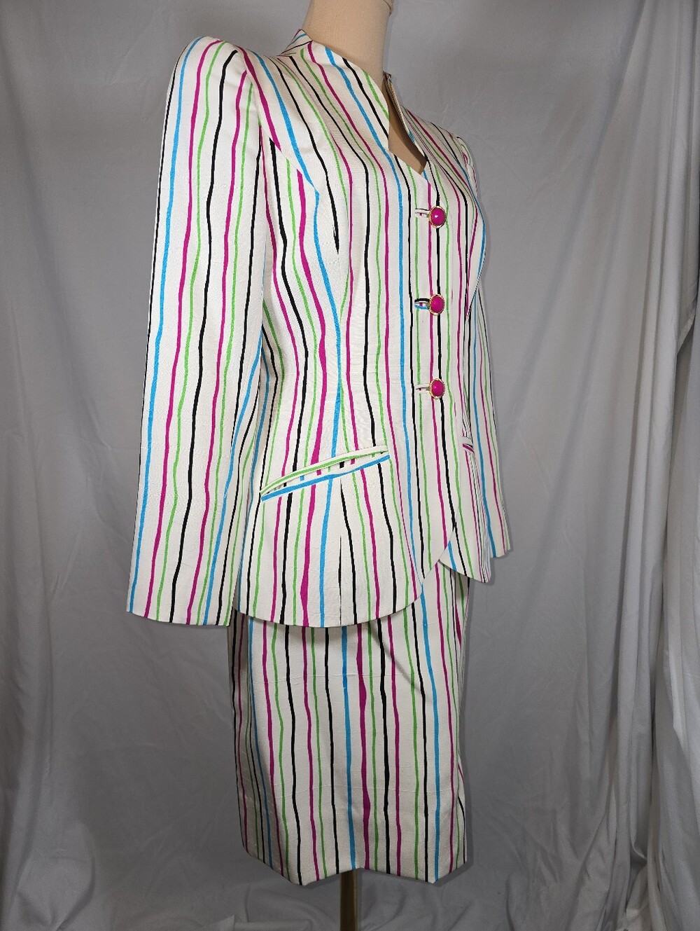 Vintage Striped White Multicolor Women's Blazer Jacket & Skirt Set